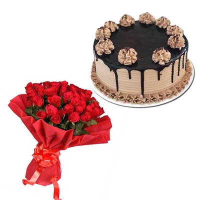 "Round shape Chocolate cake - 1kg, 25 Red roses bunch - Click here to View more details about this Product